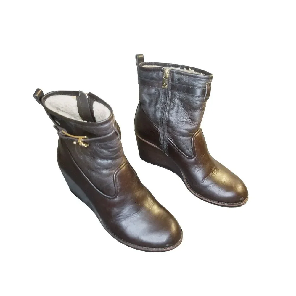 Tory Burch Primrose Wedge Bootie Women 8 Dark Brown Leather Boot Shearling Lined